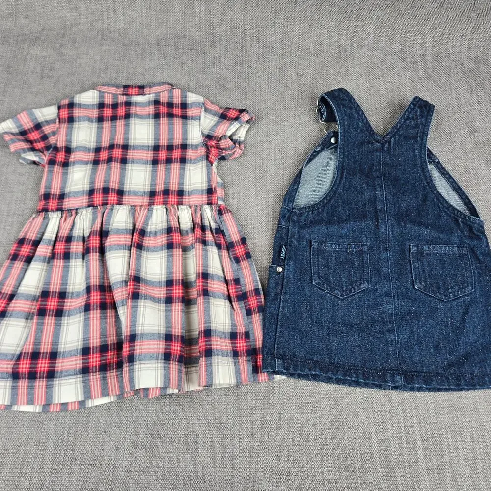 Carter's Plaid Dress & Esprit Jean Dress Overalls Lot 12 Months Girl 2 Piece